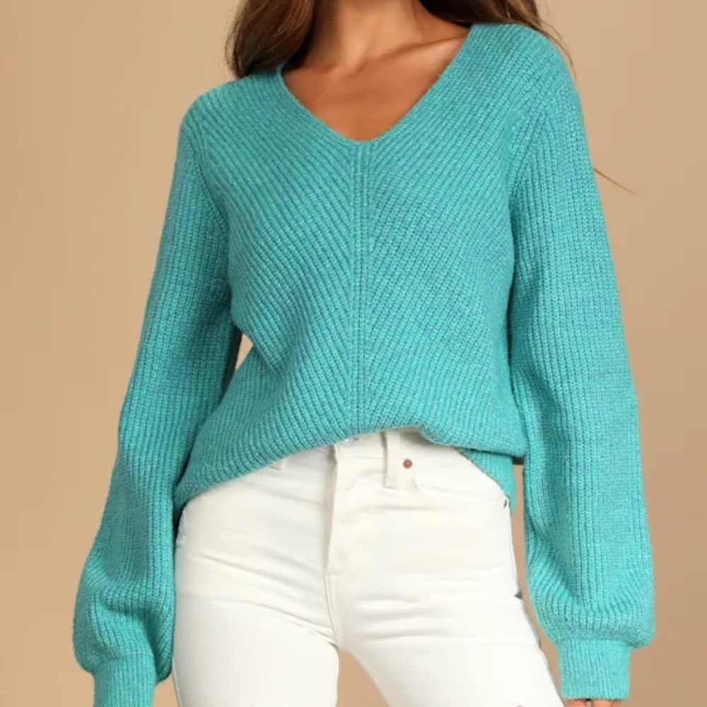 Lulus Change Things Up Teal Multi Knit V-neck Sweater Blue - Size S - Picture 3 of 8